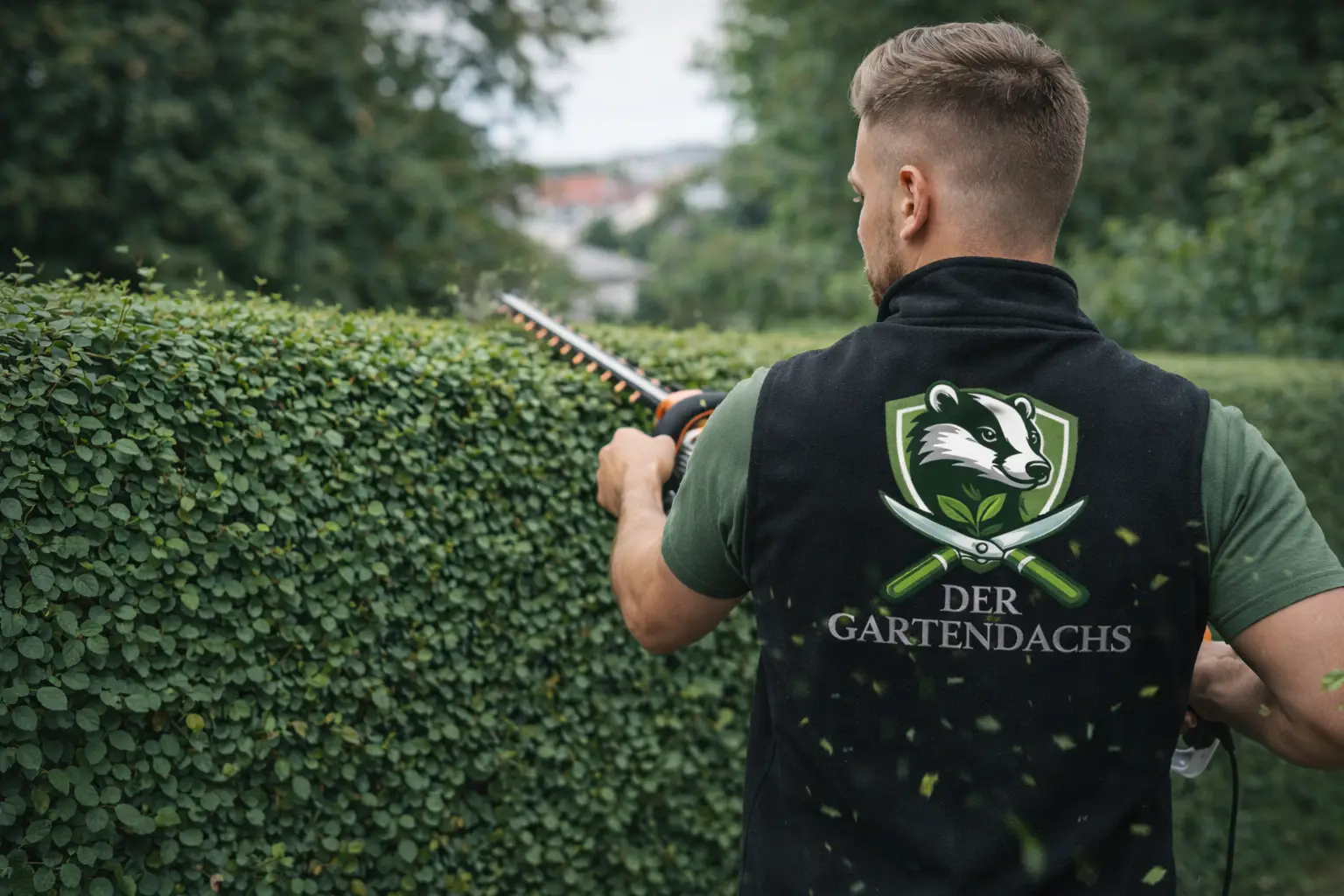 Gärtner von Der Gartendachs schneidet eine Hecke in Halle (Saale) mit elektrischer Heckenschere – Logo auf schwarzer Arbeitsweste sichtbar
